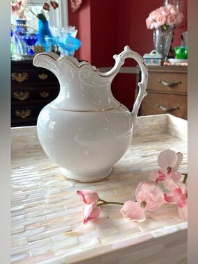 Antique KT&K Co. Pitcher in Semi-Vitreous 7” Porcelain Cream w Gold Trim